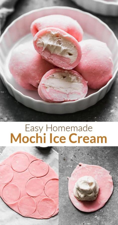 Homemade Mochi Ice Cream is a sweet and chewy Japanese rice cake filled with your choice of ice cream in a soft, slightly chewy, sweet rice dough. You won't believe how easy it is to make yourself! via @betrfromscratch How To Make Mochi Ice Cream Recipes, Making Mochi Ice Cream, Strawberry Ice Cream Mochi Recipe, How To Make Mochi With Cornstarch, My Mochi Ice Cream, Easy Homemade Mochi, Mochi Making Videos, How Make Mochi, Ice Cream Ideas Desserts