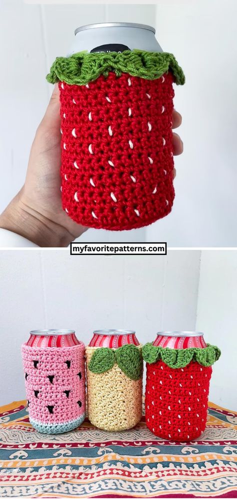 Crochet Strawberry Cup Cozy, Drink Cozy Crochet Pattern, Crochet Drink Cozy Free Pattern, Quick Crochet For Craft Fair, Crochet Summer Items, Market Crochet Patterns, Interactive Crochet Patterns, Red Crochet Patterns, Crochet Coozies Beer