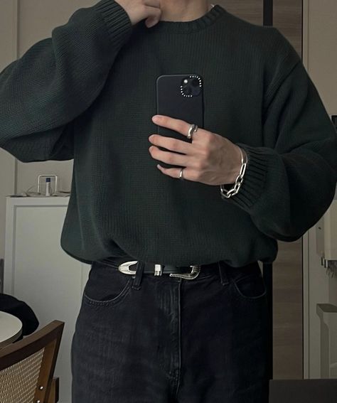 Green Crewneck Outfit, Green Jumper Outfit, Crewneck Outfit Men, Jumper Outfit Men, Dark Green Crewneck, Taking Care Of Plants, 6th Form Outfits, Crewneck Outfit, Basic Closet