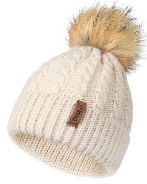 Winter Beanie Hat for Women Cotton Lined Faux Fur Pom Pom Hats Womens Warm Thick Knit Skull Cap Fur Pom Pom Beanie, Boys Beanie, Fur Pom Pom Hat, Girls Winter Hats, Toddler Beanie, Kids Winter Hats, Pom Pom Beanie Hat, Toddler Winter, Beanie Hats For Women