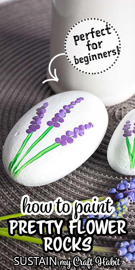 Easy Diy Rock Painting, Rock Art In Garden, Painted Flower Rocks Garden Art, Lavender Painted Rocks, Lavender Rock Painting, Painted Rock Flowers In Garden, Rock Art Flowers Ideas, Painted Rocks Flowers Ideas, Painting Rocks For The Garden