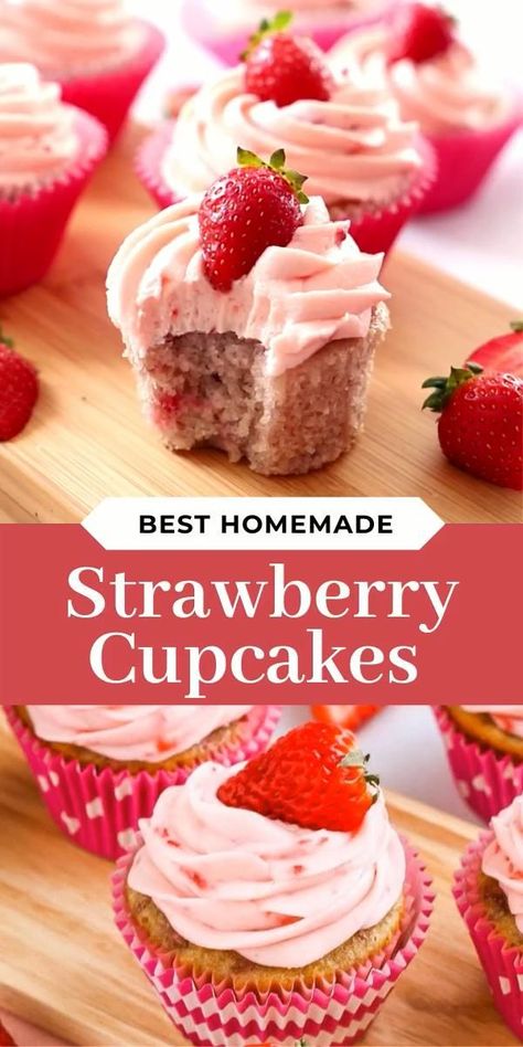 Homemade Strawberry Cupcakes, Fresh Strawberry Cupcakes, Strawberry Cupcake Recipes, Homemade Cupcake Recipes, Delicious Cupcakes Recipes, Strawberry Buttercream Frosting, Strawberry Cake Recipes, Homemade Cupcakes, Torte Cupcake