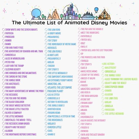 Disney, Disney Movies, Disneyland, Disney World, Classics, Disney Binge, List of Disney movies Disney Movie Watch List, All Disney Movies In Order, Ultimate Disney Movie List, Disney Checklist Movie, Movies To Watch Before Disney World, Old Disney Movies List, Movies To Watch Disney Plus, Disney Marathon List, Disney Princess Movies List In Order