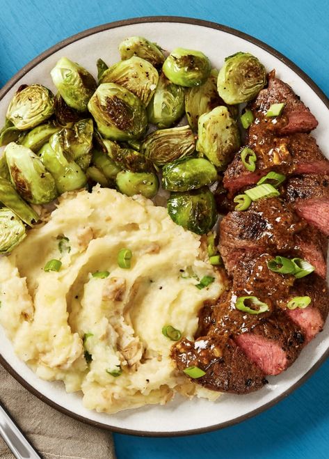 Easy steak recipe with creamy dijon pan sauce, scallion mashed potatoes and roasted Brussels sprouts | More recipes on www.HelloFresh.com Steak Potatoes And Brussel Sprouts, Hello Fresh Mashed Potatoes, Beef Hello Fresh Recipes, Steak With Brussel Sprouts, Low Carb Hello Fresh Recipes, Hello Fresh Dinner Recipes, Hello Fresh Steak Recipes, Easy Hello Fresh Recipes, Hello Fresh Copycat Recipes