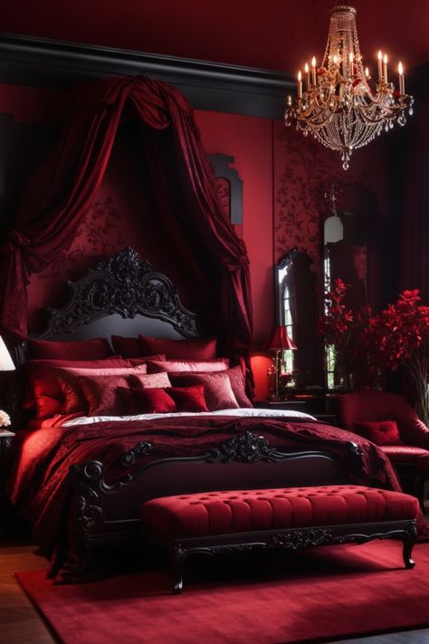 Enter a world aflame with passion in this red dark moody romantic bedroom. The pulsating red walls adorned with damask panels set the heart racing, while the opulent mirror and wall sconces serve as majestic wall art. The bed, draped in luxurious fabrics, is an intimate retreat. With a sparkling chandelier and heavy drapes, this space is a symphony of love, passion, and opulence that beckons you to lose yourself in its fiery embrace. Goth Bedroom Ideas, Gothic Bedroom Ideas, Gothic Bed, Beauty 2023, Gothic Decor Bedroom, Goth Bedroom, Halloween Bedroom Decor, Gothic Room, Gothic Bedroom