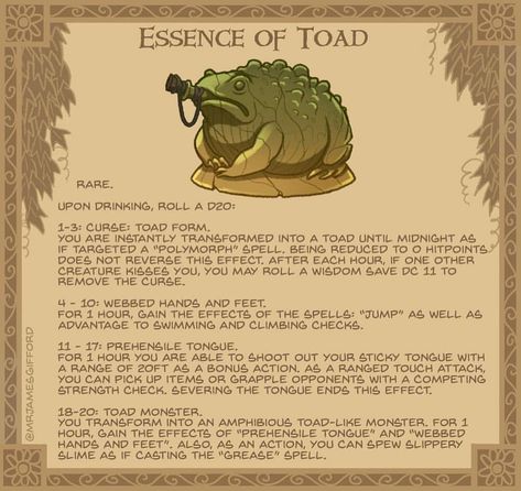 33. Essence of Toad - A particular favourite amongst hags and witches, this lumpy potion smells like rancid swamp water. #toad #fairytales #dungeonsanddragons #dnd5e #potion #witch #d20 #fantasy #ribbit #tabletopgaming #rpg #kissmequick Hop along to my Twitter! *ribbit* @mrjamesgifford #homebrewinggear Dnd Drinks, Tavern Drinks, Alchemist Character, Dnd Magic Items, Dnd Armor, Dnd Board, Swamp Water, Dnd Magic, Dnd Items