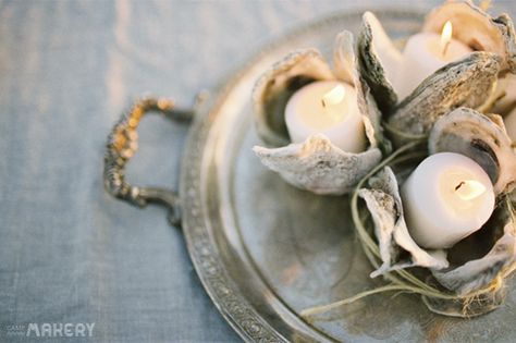 Wax Bud Tiara Tutorial with Once Wed | Camp Makery Oyster Shell Wedding, Votives Diy, Oyster Candle, Coral Centerpieces, Shell Wedding, Flowers And Candles, Seashell Wedding, Beach Table, Shell Candles