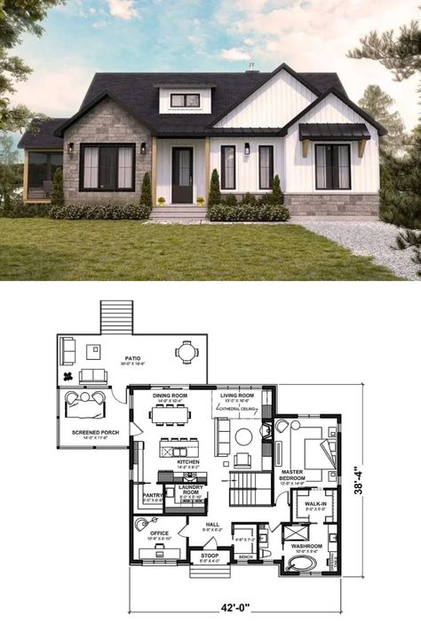 4-Bedroom Single-Story Muskoka Ranch-Style House Plan for a Sloped Lot with Open Concept Living Sims 4 One Room House, One Story House Plans Bloxburg, Single Story House Floor Plans, Sims 4 Houses Layout, Modern Ranch House, Modern House Floor Plans, Small House Layout, Ranch Style House, Sims 4 House Building