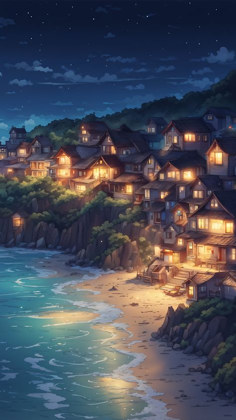 a seaside village Beach City Fantasy Art, Coastal Town Aesthetic Dark, Seaside Town Aesthetic Dark, Fantasy Beach City, Fantasy Beach Village, Seaside Village Aesthetic, Fantasy Beach Town, Coastal Town Aesthetic, Seaside Kingdom