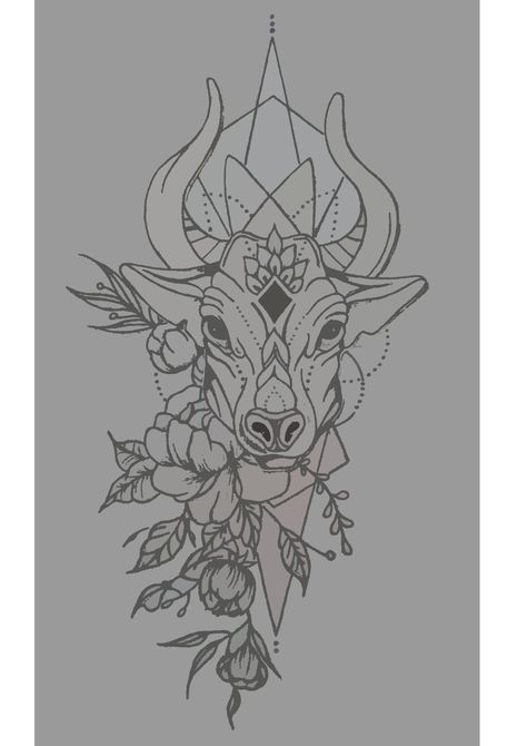 Egyptian Taurus Tattoo, Womens Taurus Tattoo, Taurus Bull Drawing, Tarot Card Tattoo Taurus, Mandala Bull Tattoo, Girly Taurus Tattoo Design, Witchy Taurus Tattoo, Bull With Crown Tattoo, Bull And Flowers Tattoo