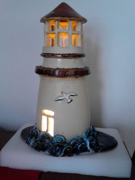 Ceramic Lighthouse Pottery, Pottery Lamp Diy, Vase Art Drawing, Pottery Lighthouse, Ceramic Lamps Handmade, Clay Lighthouse, Ceramic Luminaries, Lighthouse Ceramic, Ceramic Lanterns