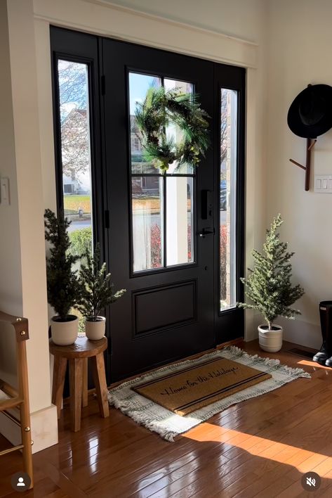 Farmhouse Door With Sidelights, Front Door By Kitchen, Black Window Front Door, Front Door With Steps Entryway, Black Front Door Handles Hardware, Side Light Front Door, Black Front Door Entrance, Front Door Ideas Inside, Entryway With Black Door