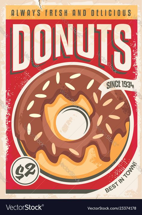 Donut Sale Poster, Advertisement Drawing Ideas, Bakery Poster Advertising, Retro Donut Shop, Ad Poster Design Advertising, Advertisement Poster Drawing, Advertisement Poster Ideas, Food Poster Design Ideas, Food Advertising Design