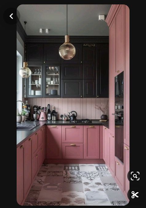 Black And Pink Kitchen, Pink And Black Kitchen, Pink Kitchen Cabinets, Home Haunted House, Pink Kitchen Ideas, Pink Kitchens, Haunted House Decor, Pink Cabinets, Vintage Concept