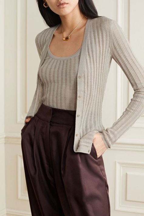 Gabriela Hearst Homer Ribbed Pointelle-Knit Cashmere and Silk-Blend Cardigan Sweater Sets, Wardrobe Sets, Laura Lombardi, Cardigan Set, Gabriela Hearst, Sweater Trends, Jacquard Sweater, Best Duos, Spring Sweater