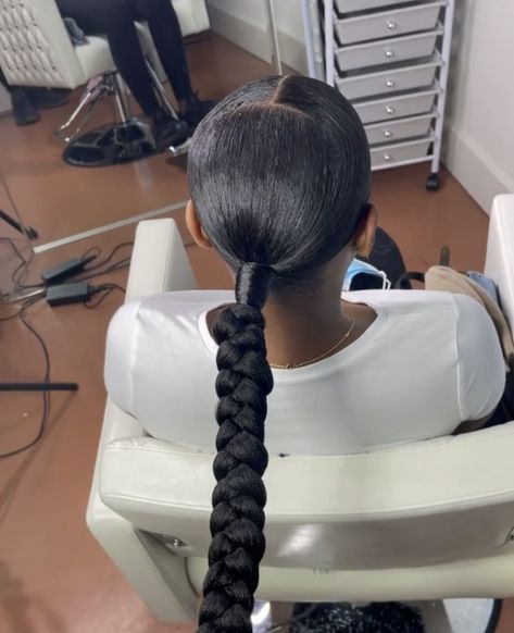 Back Ponytail Weave Slick, Slick Ponytail Outfit, Two Slick Back Braided Ponytail Weave, 2 Slick Back Braids, Braided Slick Back Ponytail, Slick Ponytail Braid, How To Do A Braided Ponytail With Weave, Middle Part Braid Ponytail, Middle Part Braided Ponytail