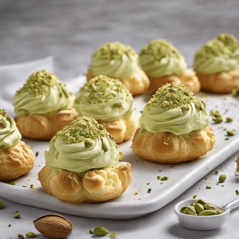 IRRESISTIBLE PISTACHIO CREAM PUFFS Italian Cream Desserts, Pistachio Custard Cream, Pistachio Mini Cakes, Pistachio Creme Patisserie, Pistachio Bread Pudding, Pistachio Puff Pastry Dessert, Pistachio Cream Uses, Pistachio Whipped Cream, Pistachio Cream Filling