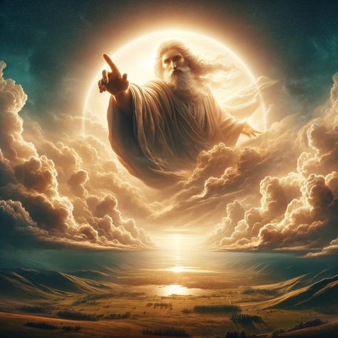 A majestic and divine figure, perceived as God, envelops the sky above a serene landscape. This celestial being extends a grand, ethereal finger towards the viewer from amidst the clouds, conveying a sense of direct communication and guidance. The scene is imbued with a warm, heavenly glow, emphasizing the divine connection between the heavens and the earthly realm. The landscape below is... God In The Clouds, Doctor Background, Heavenly Pictures, Mythical Gods, Blessed Wallpaper, Cloud Of Witnesses, Sky God, Jesus Love Images, Celestial Being