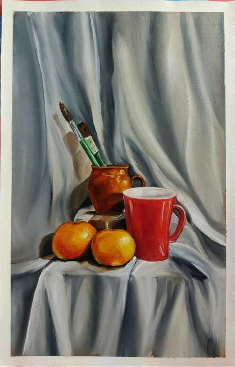 Still life in Beautiful drapery with orange,cup and brushes Still Life Drawing With Drapery, Drapery Painting Still Life, Still Life Drawing Acrylic, Still Life With Fabric, Painted Still Life, Still Life With Oranges, Digital Painting Still Life, Painting Ideas Still Life, Still Life Drawing Watercolors