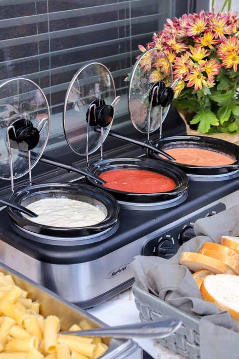 Pasta bar set up ideas with three sauces to choose from! Pasta Bar Birthday Party, Birthday Pasta Bar, Pasta Bar For A Crowd, Pasta Bar Ideas Birthday, Setting Up Food Table For Party, Party Food Bars Ideas, Easy Pasta Bar Ideas, Serving Pasta At A Party, Pasta Bar For Party