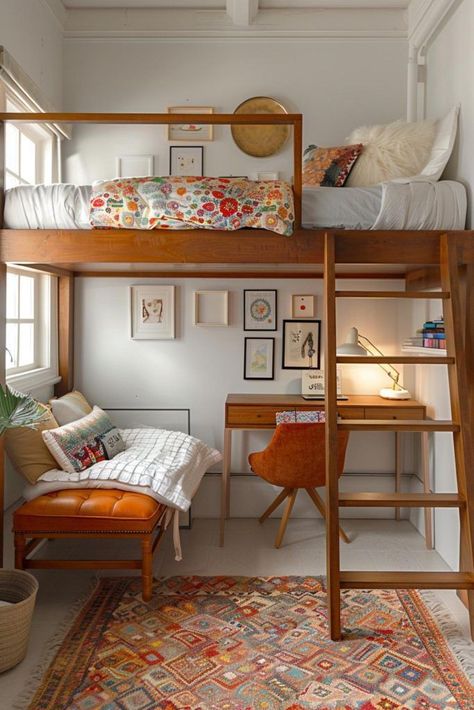 Small Room Ideas Aesthetic Loft Bed, Lofted Bed Apartment, Loft Bed With Shelves Underneath, Bedrooms With Mezzanine Floor, Loft Bed Tiny Room, Loft Bed With Office Underneath, Half Loft Bedroom, How To Build A Loft In A Bedroom, Cozy Space Under Loft Bed