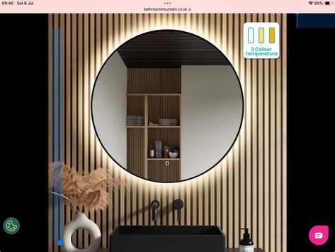 Black Frame Led Mirror Bathroom, Bathroom Mirror Lighting Ideas, Round Bathroom Mirrors, Light Up Bathroom Mirror, Mirror Panel Wall, Mirror Cupboard, Cloakroom Ideas, Bathroom Mountain, Round Bathroom Mirror