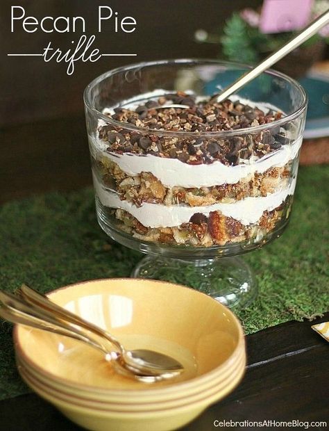 This pecan pie trifle is an impressive and delicious dessert to serve when entertaining . Get the recipe here. Pecan Pie Trifle, Trifle Bowl Recipes, Trifle Dessert Recipes, Christmas Trifle, Dirt Cake, Trifle Desserts, Fall Gathering, Trifle Recipe, Pecan Recipes