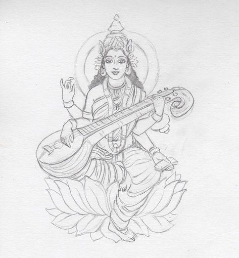 Saraswati - sketch by CoconutPocky on DeviantArt Saraswati Pencil Sketch, Sarasvati Ma Drawing, Saraswati Drawing Art, Ma Saraswati Drawing, Maa Saraswati Drawing Sketch, Vishnu Drawing Easy, Saraswati Goddess Drawing, Saraswati Puja Drawing, Vishnu Sketch