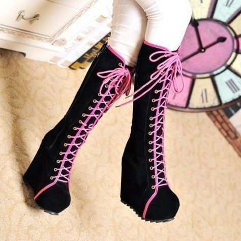 Punk Cosplay, Knee High Boots Winter, Goth Shoes, Gothic Shoes, Kawaii Shoes, Wedge Heel Boots, Platform Wedge Heels, Lace Up Wedges, Heels Boots