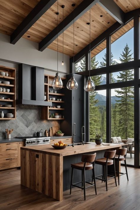 One Wall Kitchen Design With Island, Rustic Modern House Interior, Rustic Industrial Home Design, Cabin Kitchen Modern, Cool House Features Interior, Mountain Home Kitchen Ideas, Natural Flooring Ideas, Modern Kitchen Natural, Black And Natural Wood Kitchen