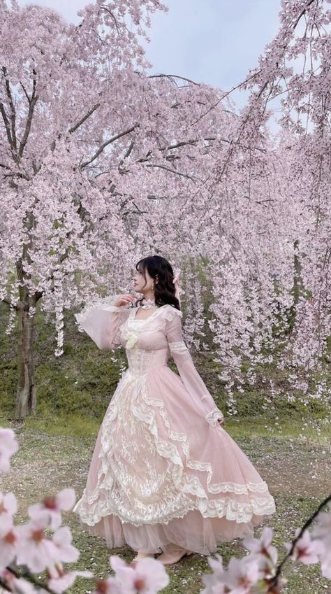 Cherry Blossom Aesthetic Outfit, Pink Aesthetic Dress, Mountbatten Pink, Korean Dress Elegant, Pink Fashion Aesthetic, Asian Prom Dress, Ciel Black Butler, Cherry Blossom Outfit, Sakura Dress