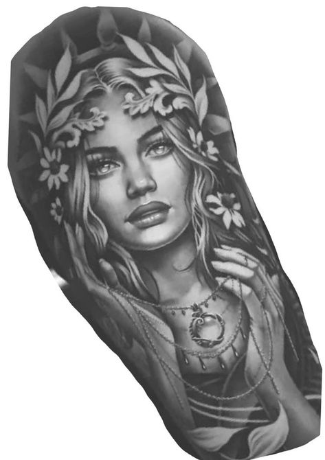 Greek Woman Tattoo Design, Artemis Sleeve Tattoo, Women Goddess Tattoo, Chicano Sleeve Tattoos For Women, Goddess Face Tattoo, Greek Mythology Tattoos Sleeve Women, Goddess Portrait Tattoo, Greek Goddess Tattoo Design, Greek Woman Tattoo