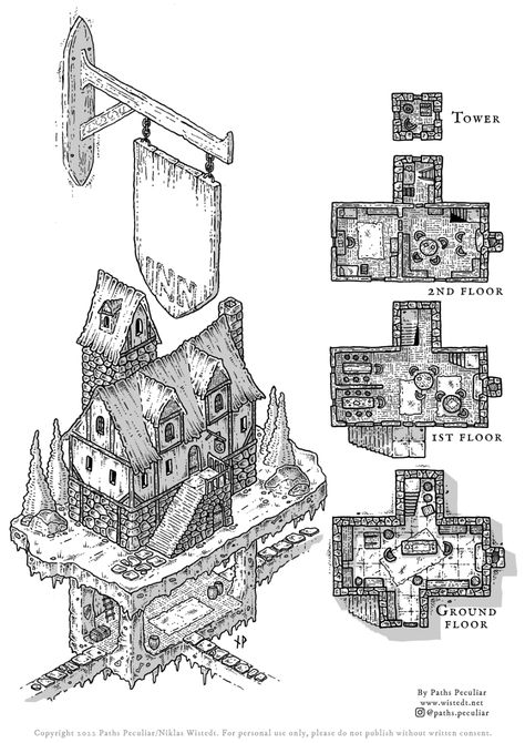 Medieval fantasy inn map - Paths Peculiar Fantasy Inn, Isometric Map, Village Map, Fantasy Village, Building Map, Tabletop Rpg Maps, Town Map, Isometric Art, Dungeon Maps