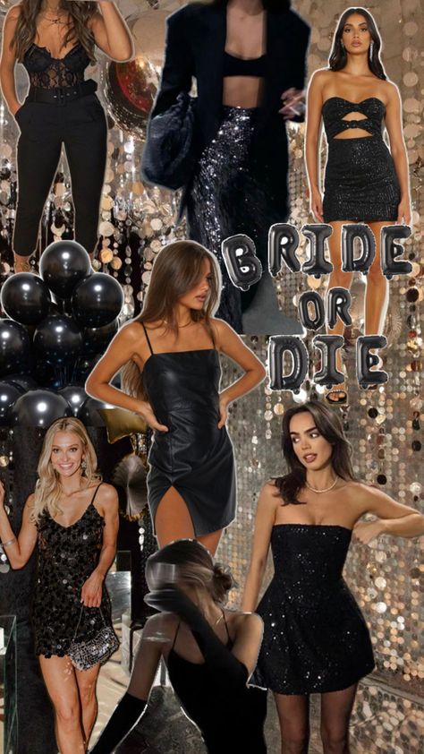 Bachelorette Theme Outfits Costume Ideas, Black Hens Party Outfit, Bachelorette Party Black Theme, Glitz And Glam Black Outfit, Black Theme Hens Party, Mob Wife Bachelorette Theme, Bach Night Outfit Themes, Night Out Bachelorette Party Outfits, Black Out Bachelorette Party Outfit