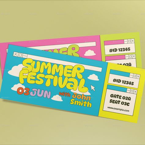 Blue Retro Summer Festival Ticket Festival Tickets Design, Summer Festival Graphic Design, Event Ticket Design Creative, Retro Ticket Design, Ticket Illustration Design, Music Festival Ticket Design, Retro Festival Poster, Summer Festival Branding, Ticket Poster Design