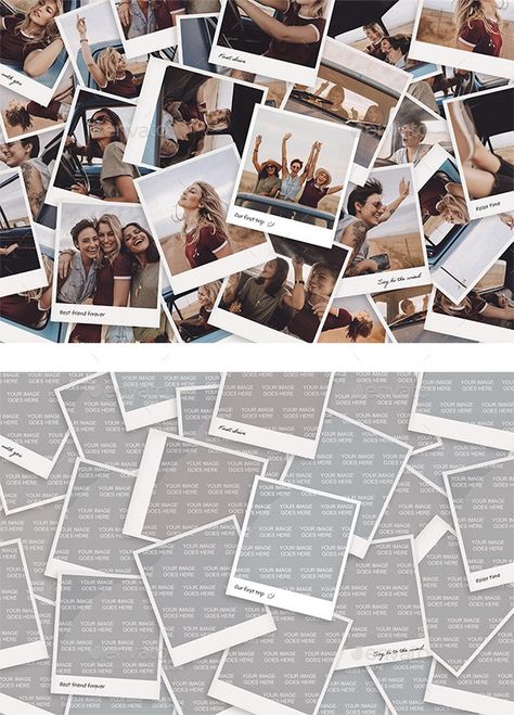 Polaroid Photo Collage Template - Product Mock-Ups Graphics Polaroid Collage Template, Photo Collage Graphic Design, Picture Collage Layout, Photo Collage Template Layout, Picture Background Ideas, Polaroid Layout, Photo Collage Layout, Polaroid Design, Polaroid Collage