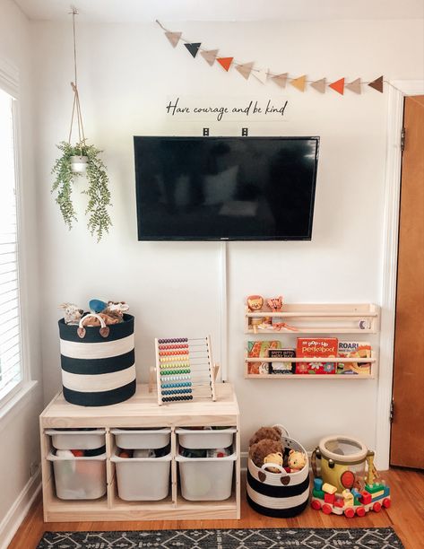 Ikea Trofast Nursery, Toddler Room With Tv, Ikea Play Area In Living Room, Ikea Trofast Playroom Ideas, Playroom Toddler Boy, Living Room Toddler Play Area, Living Room Play Area Ideas, Apartment Play Area, Play Area In Bedroom