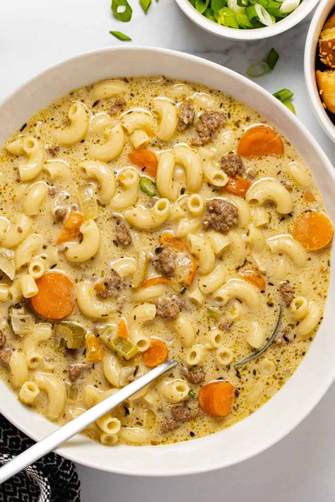 One-Pot Macaroni Cheeseburger Soup - NO VELVEETA! One Pot Macaroni Soup, Cheesy Macaroni Soup, One Pot Macaroni And Cheese Soup, One Pot Cheese Burger Macaroni Soup, Soup With Elbow Noodles, Macaroni And Hamburger Soup, Hamburg Macaroni Soup, Mac And Cheeseburger Soup, Macaroni And Cheeseburger Soup