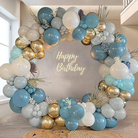 Blue Decor For Birthday Party, Blue Gold White Balloons, 21st Balloon Arch Ideas, Blue Silver And Gold Birthday Party, Blue 70th Birthday Party, Blue White And Gold Balloon Arch, Blue Gold Silver Party Decorations, Blue Decoration Birthday, Blue White Party Decor