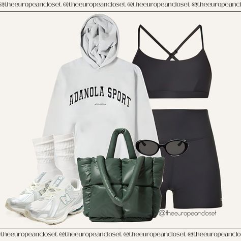 Elevate your athletic look with our cozy grey hoodie, perfect for both workouts and casual outings. Paired with sleek biker shorts, you'll exude confidence and comfort as you conquer any activity. Complete the look with our fashionable New Balance sneakers, offering both support and style for your active lifestyle. Don't forget to grab our eye-catching green puffer bag, adding a pop of color and functionality to your ensemble. Plane Outfit Airport Style Comfy, Plane Outfit Airport Style, Airport Outfit Korean, Grey Hoodie Outfit, Gray Hoodie Outfit, Cute Athleisure Outfits, Casual Athleisure Outfits, European Closet, Joggers Outfit Women