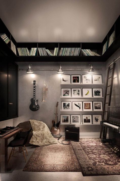 Office Music Room, Music Room Office, Studio Music Room, Music Themed Rooms, Music Themed Bedroom, Music Room Design, Music Bedroom, Lots Of Books, Home Music Rooms