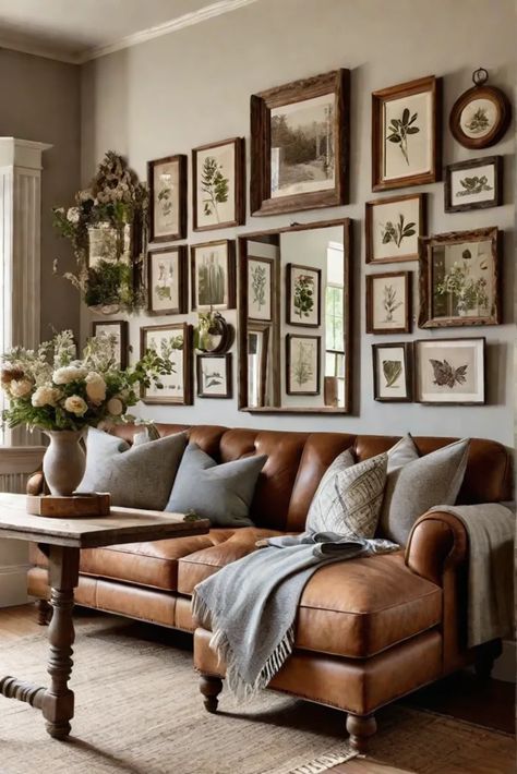 Vintage Photo Wall Collage Living Room, Gallery Wall Antique Frames, Dining Room Collage Wall, Antique Gallery Wall Living Room, Gallery Wall With Round Mirror, Large Gallery Wall Living Rooms, Small Gallery Wall Ideas, Classically Eccentric, Vintage Mirror Aesthetic