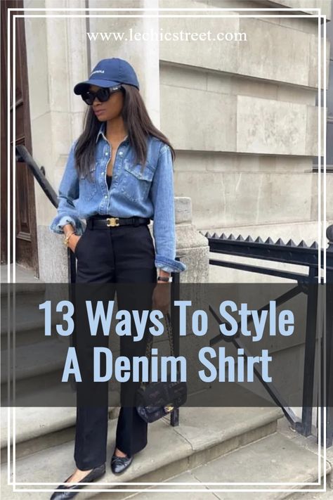 13 Ways To Style A Denim Shirt. Looking for denim aesthetic looks for spring outfits. Plenty of ways to style denim shirt outfit for all year round. Ideas for denim shirt with shorts idea and other denim shirt outfits for fall outfit ideas or spring outfits. Cute denim shirts outfit that are perfect for any style or occasion. #denimshirtoutfit #denimshirtoutfits #denimaesthetic #denimoutfitideas #springoutfits Jeans Blouse Outfit Casual, Demin Shirt Outfit Women, Dark Blue Denim Shirt Outfit Woman, Denim Shirt Office Outfit, Black Dress With Denim Shirt, Denim Shirt With Black Jeans, Demin Shirt Outfit Casual, Outfit With Denim Shirt Women, Denim Chambray Shirt Outfit