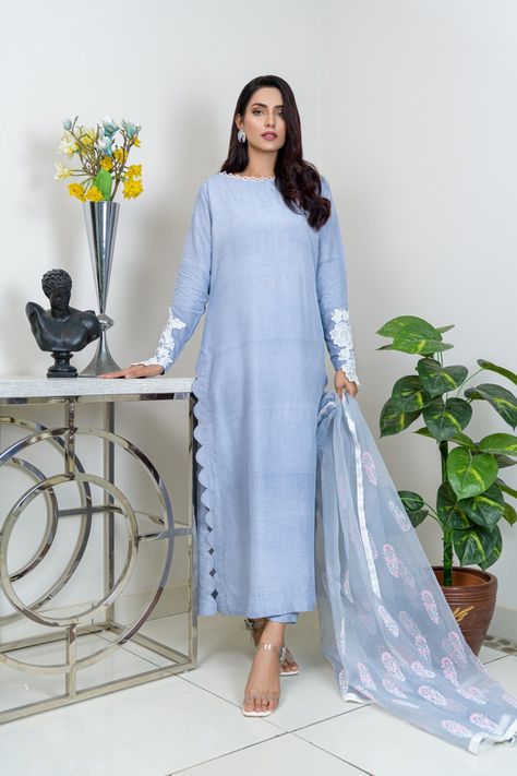 Stand out in a sea of dresses with Shireen Lakdawala's Designer Blue Dresses. Made with high-quality fabric and featuring stunning details, these designer dresses are perfect for girls of all ages. Shop now for the ultimate elegance! Silk Long Shirt Designs Pakistani, Plain Fabric Suit Designs, Long Kurti Pant Design, Pakistani Pant Kurti Design, Plain Dress With Lace Design Pakistani, Design Of Plain Suits, Long Shirts Design Pakistani, Pakistani Block Print Suits, Cutwork Dresses Pakistani