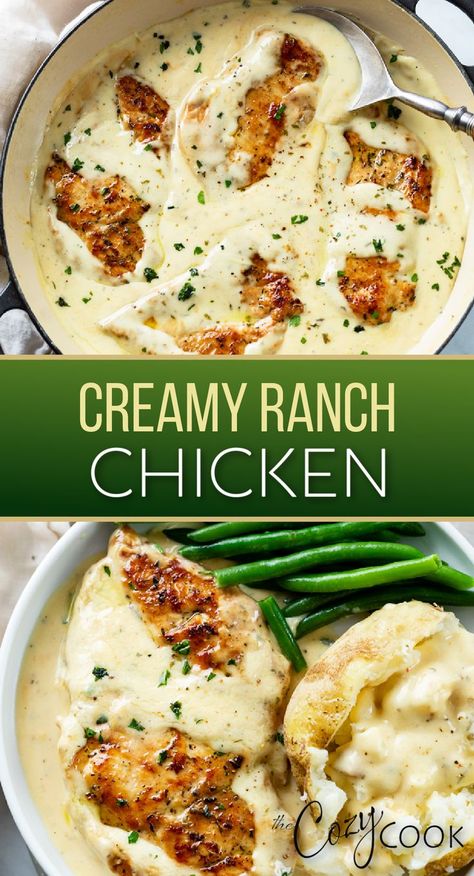 creamy ranch chicken with a side of baked potatoes and green beans Chicken Dinner Recipes Easy, Creamy Ranch Chicken, Easy Chicken Dinner, Ranch Chicken Recipes, Chicken Tenderloin Recipes, Vegan Burrito, Easy Skillet Meals, Creamy Ranch, Dinner Recipes Easy