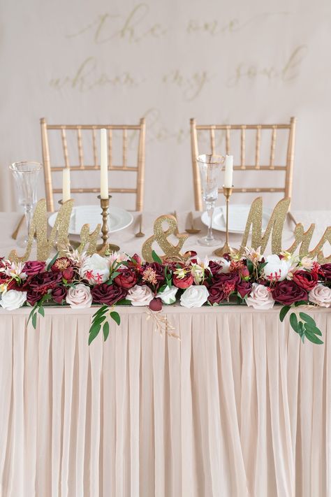 Reception Table Centerpieces, Burgundy And Blush Wedding, Head Table Decor, Sweetheart Table Wedding, Marsala Wedding, Reception Table Decorations, Table Centerpiece Decorations, Wedding Vision, Wedding Reception Tables