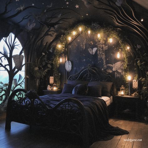 9 whimsy goth bedroom ideas to inspire dark creatives | violet gaze Celestial Room Aesthetic Bedroom, Dark Goth Bedroom, Dark Romantic Bedroom Ideas For Couples, Witchcraft Bedroom, Romantic Goth Bedroom, Dark Fantasy Bedroom, Room Asthetics, Gothic Whimsy, Goth Bedroom Decor