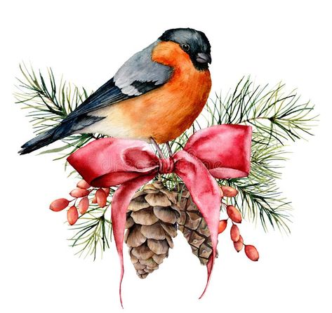 Holiday Birds, Bullfinch, Christmas Card Art, Holiday Wall Art, Watercolor Christmas Cards, Winter Bird, Christmas Bird, Red Cardinal, Watercolor Christmas