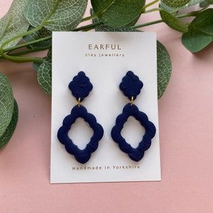 Dark Blue Clay Earrings, Navy Blue Clay Earrings, Blue Clay Earrings, Dark Blue Earrings, Large Drop Earrings, Handmade Hoop Earrings, Pop Up Market, Blue Clay, Diamond Shape Earrings