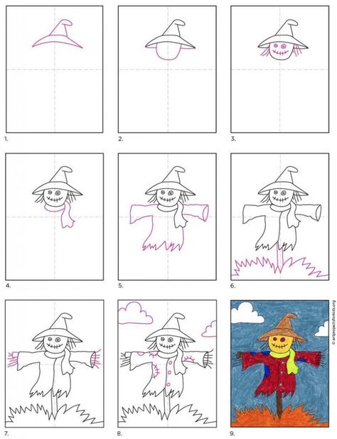 Directed Drawing Scarecrow, How To Draw A Scarecrow Step By Step, Step By Step Fall Drawings, How To Draw Worksheets, How To Draw A Scarecrow, Halloween How To Draw, Scarecrow Art Projects For Kids, How To Draw Halloween, Draw A Witch